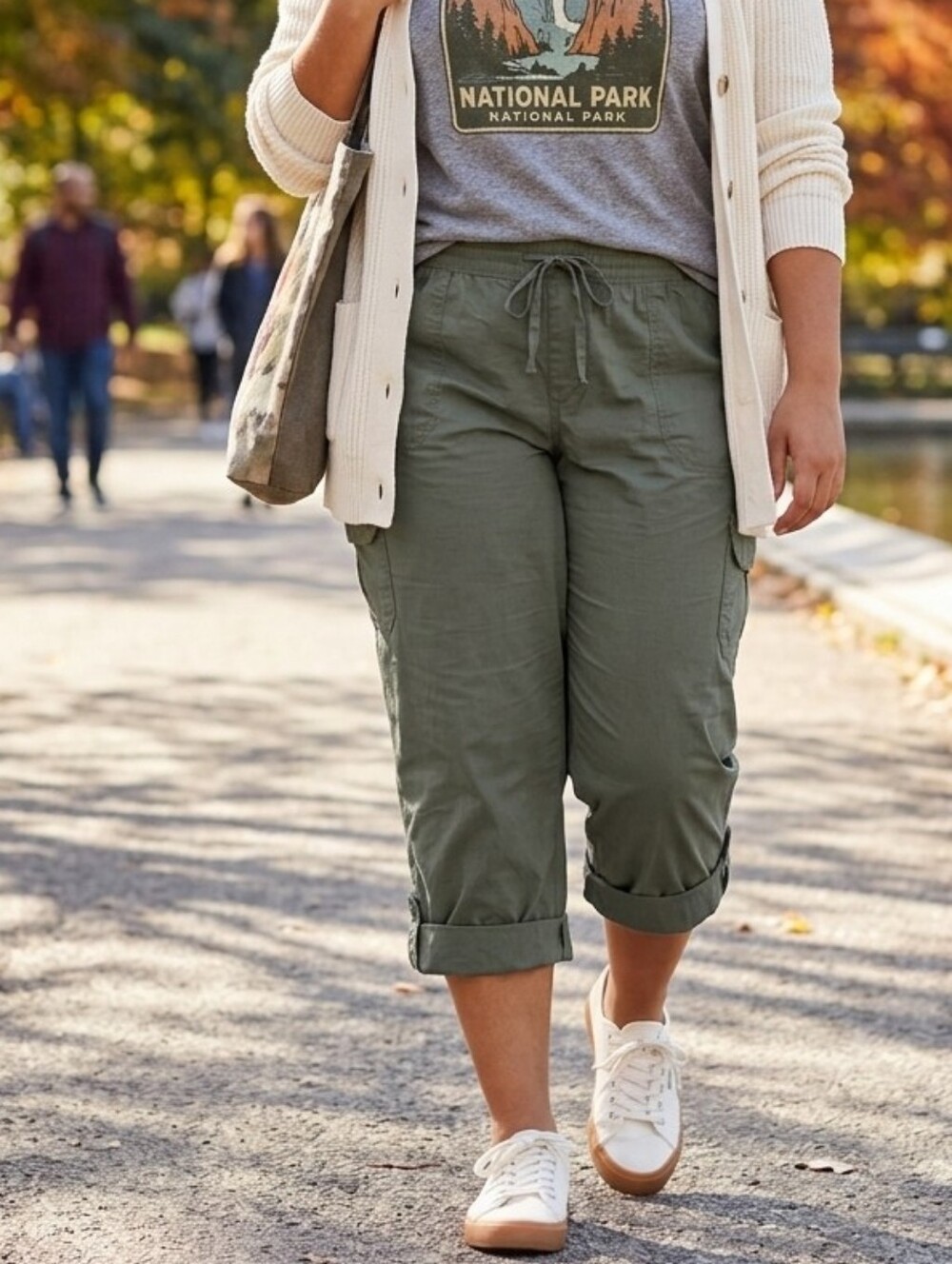 Women Within New Cargo‎ Drawstring Green Pants Size 26W Adjustable Legs Comfort